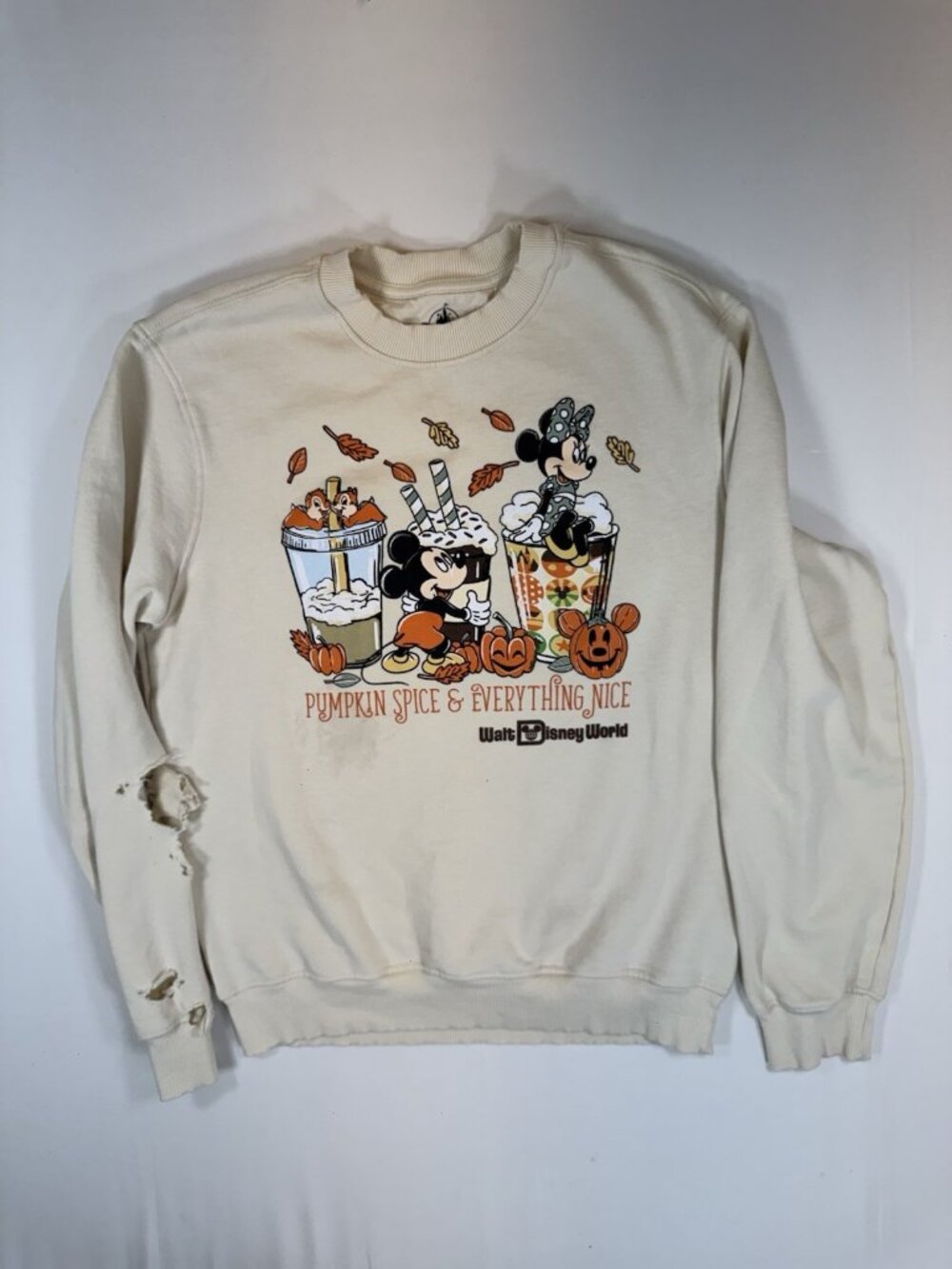 Disney World Mickey Pumpkin Spice Sweatshirt S Trashed Project Distressed FLAWS